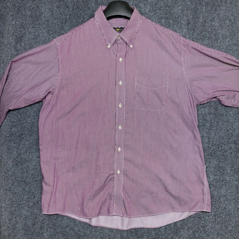 Club Room Button Down Shirt Mens 17 34/35 Burgundy White Stripe Regular Fit